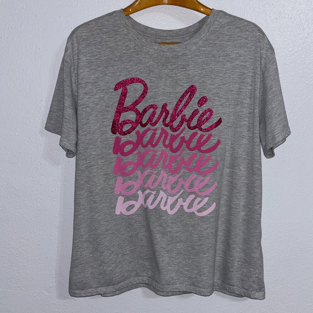 Barbie Gray Gradient Logo T-Shirt Women’s XL Glitter Pink Ombre‎ Hybrid Apparel